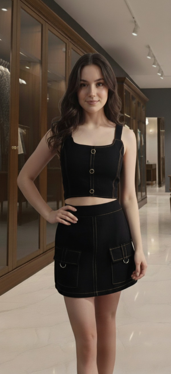 Conjunto Saia e Cropped Preto com Costura Contrastante